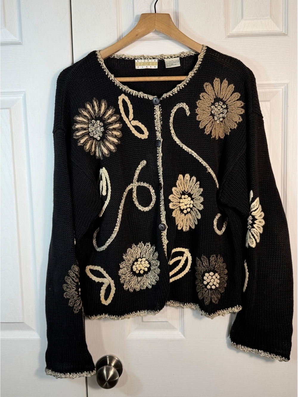 Sigrid Olsen Sport Black Knit Cardigan with Beige Floral Embroidery